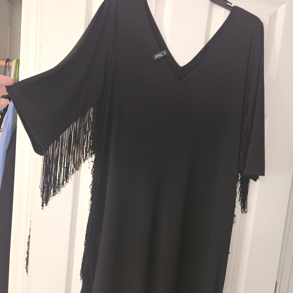 Black Fringe V-Neck Dress